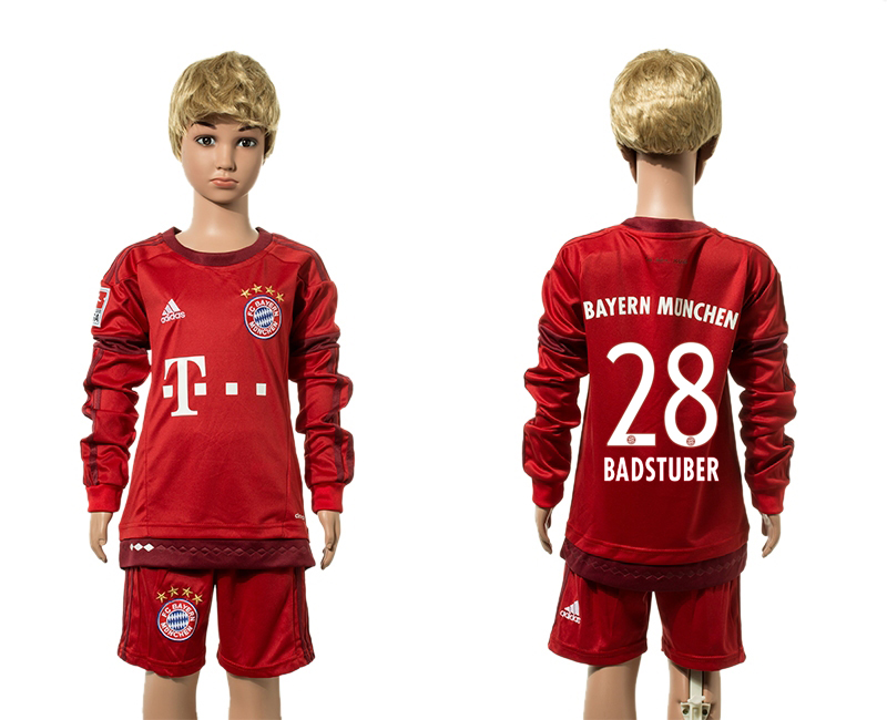 2015-16 Bayern Munich 28 BADSTUBER Home Youth Long Sleeve Jersey