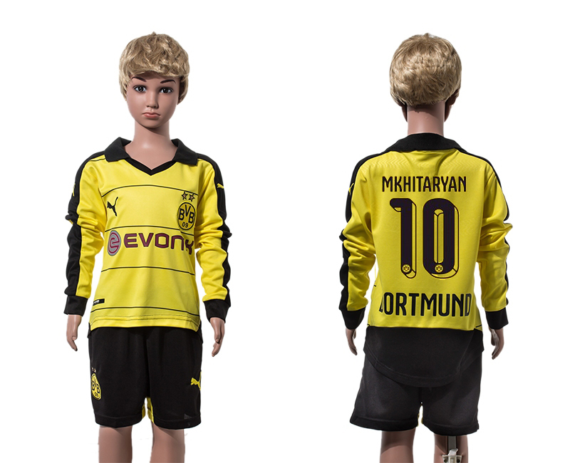 2015-16 Dortmund 10 MKHITARYAN Home Youth Long Sleeve Jersey