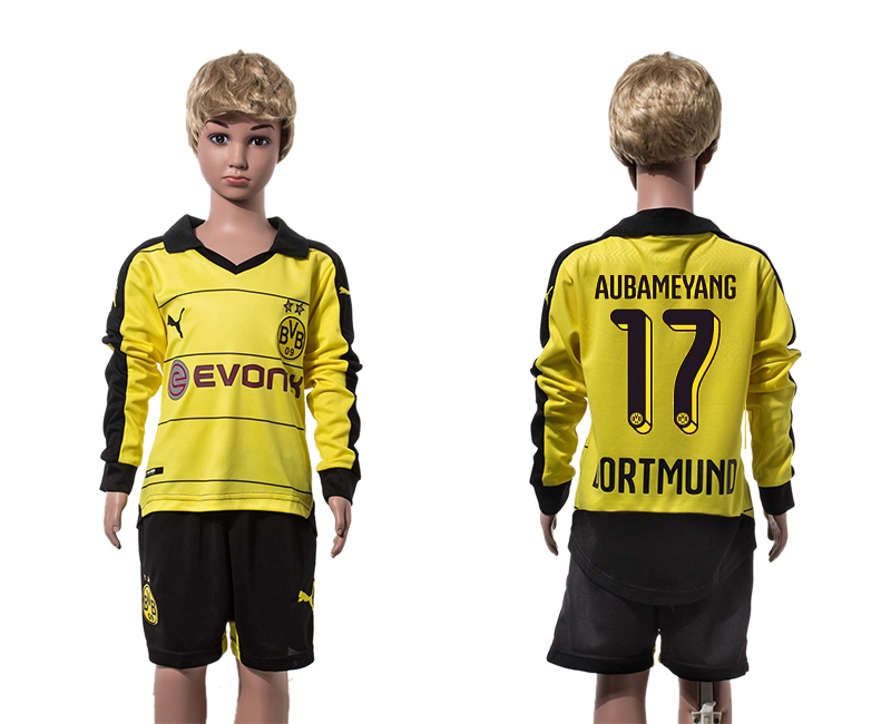 2015-16 Dortmund 17 AUBAMEYANG Home Youth Long Sleeve Jersey