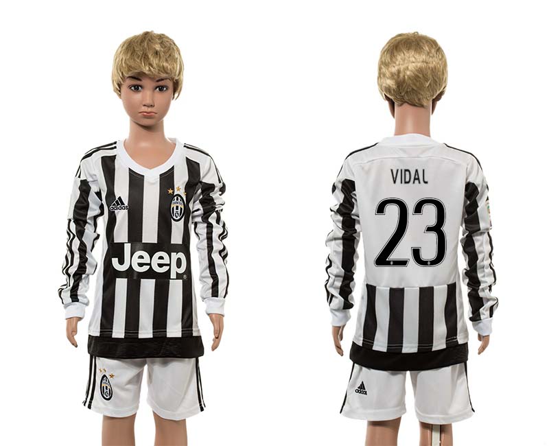 2015-16 Juventus 23 VIDAL Home Youth Long Sleeve Jersey