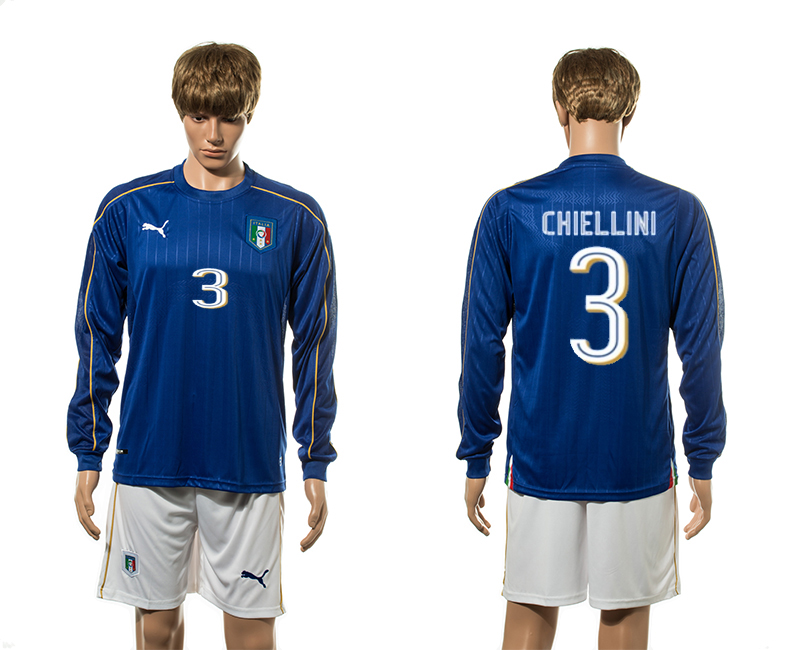 Italy 3 CHIELLINI Home UEFA Euro 2016 Long Sleeve Jersey