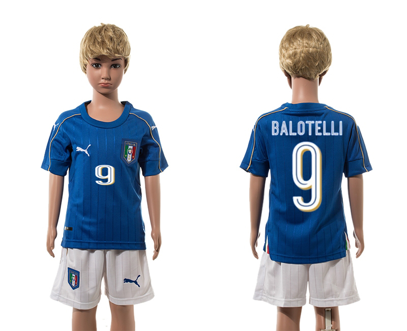 Italy 9 BALOTELLI Home Youth UEFA Euro 2016 Jersey