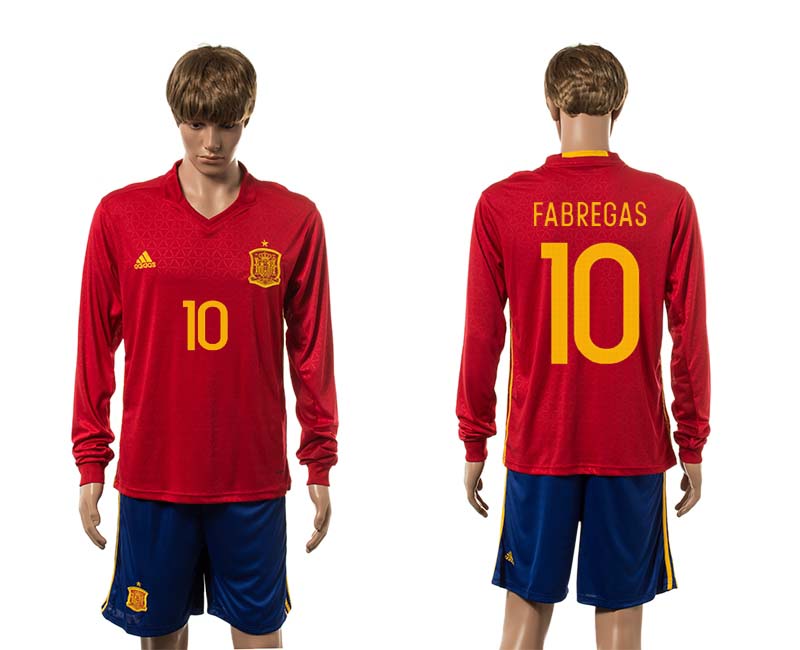 Spain 10 FABREGAS Home UEFA Euro 2016 Long Sleeve Jersey