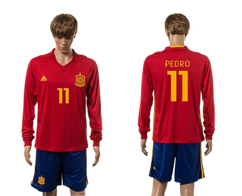 Spain 11 PEDRO Home UEFA Euro 2016 Long Sleeve Jersey
