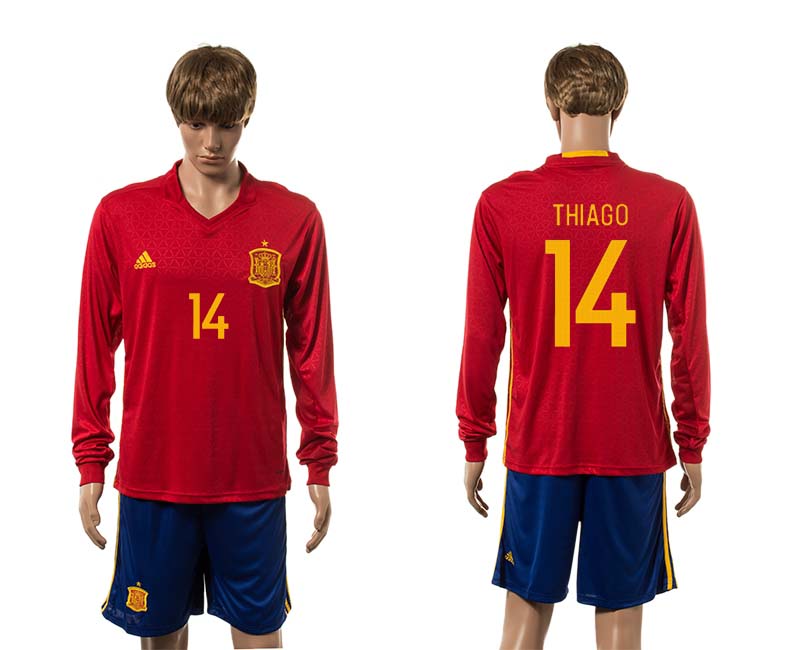 Spain 14 THIAGO Home UEFA Euro 2016 Long Sleeve Jersey