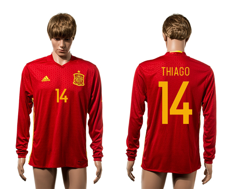 Spain 14 THIAGO Home Long Sleeve UEFA Euro 2016 Thailand Jersey