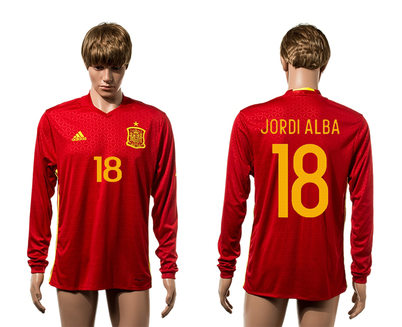 Spain 18 JORDI ALBA Home Long Sleeve UEFA Euro 2016 Thailand Jersey