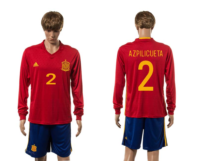 Spain 2 AZPILICUETA Home UEFA Euro 2016 Long Sleeve Jersey
