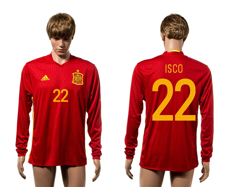 Spain 22 ISCO Home Long Sleeve UEFA Euro 2016 Thailand Jersey