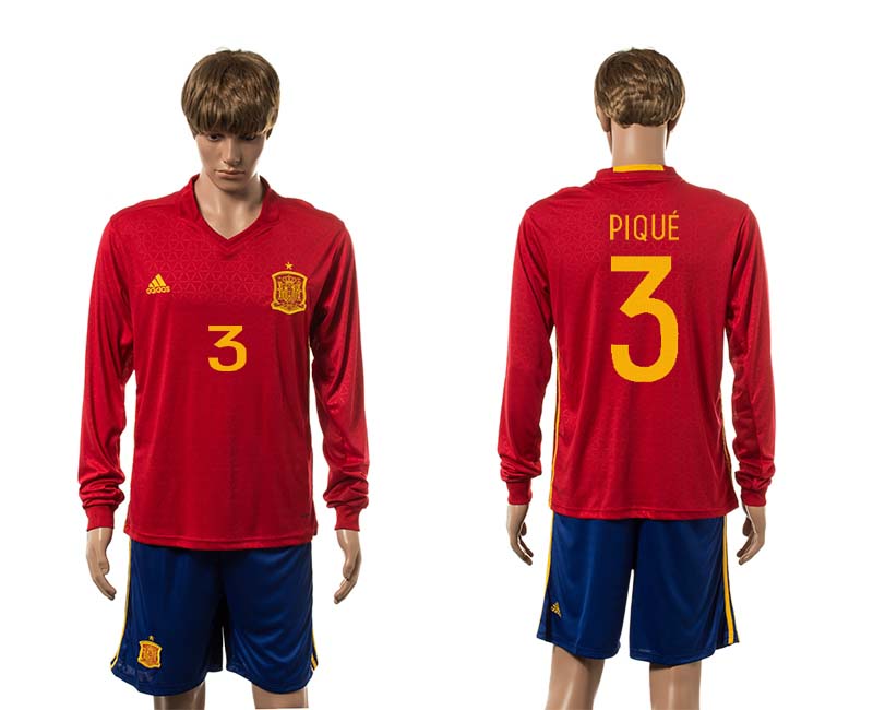 Spain 3 PIQUE Home UEFA Euro 2016 Long Sleeve Jersey