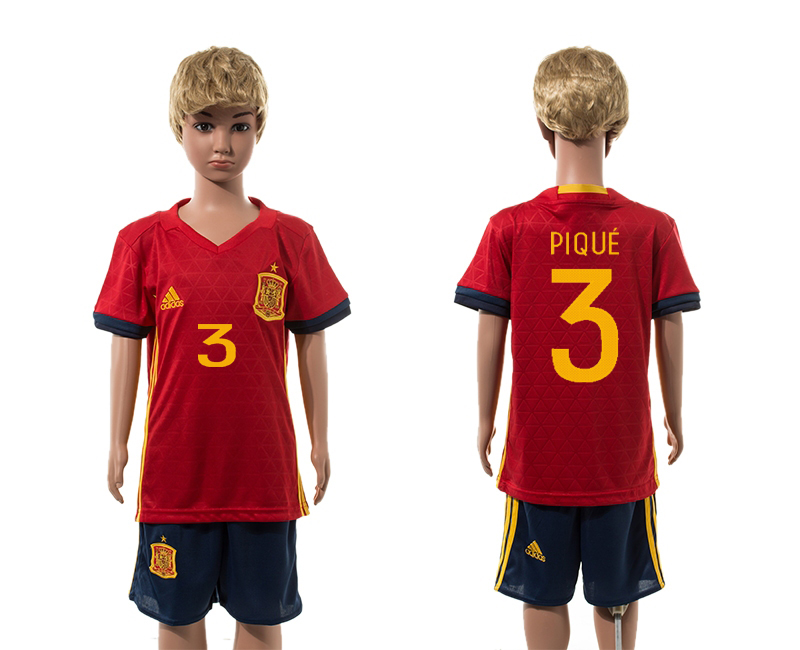 Spain 3 PIQUE Home Youth UEFA Euro 2016 Jersey