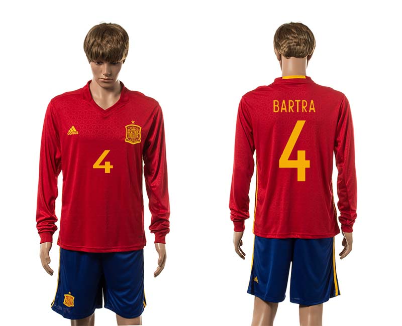 Spain 4 BARTRA Home UEFA Euro 2016 Long Sleeve Jersey
