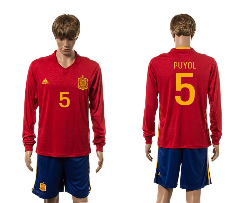 Spain 5 PUYOL Home UEFA Euro 2016 Long Sleeve Jersey