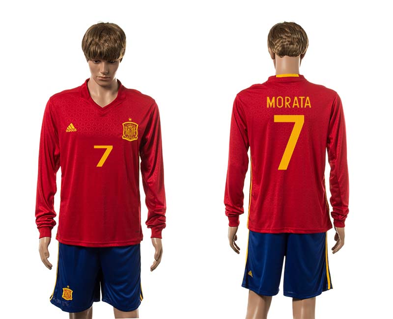 Spain 7 MORATA Home UEFA Euro 2016 Long Sleeve Jersey