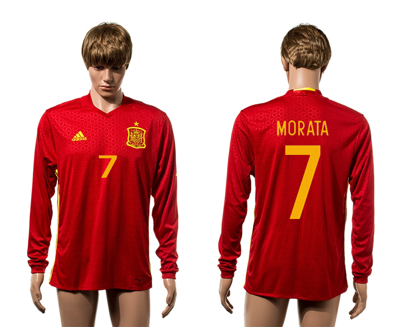 Spain 7 MORATA Home Long Sleeve UEFA Euro 2016 Thailand Jersey