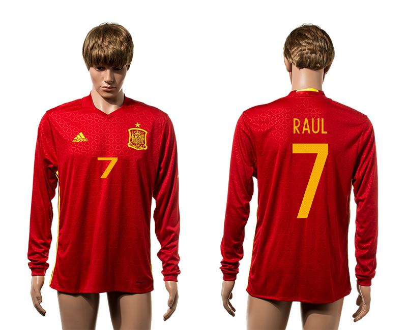 Spain 7 RAUL Home Long Sleeve UEFA Euro 2016 Thailand Jersey