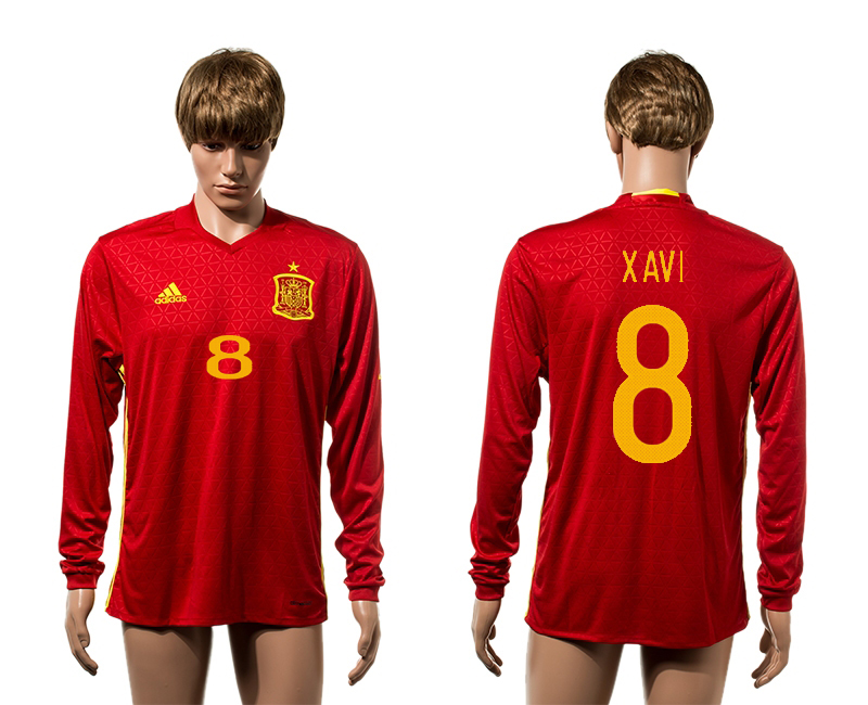 Spain 8 XAVI Home Long Sleeve UEFA Euro 2016 Thailand Jersey
