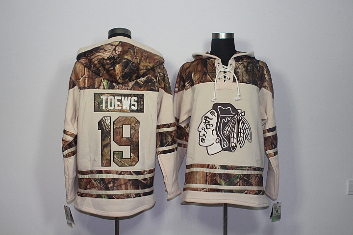 Blackhawks 19 Jonathan Toews Old Time Hockey Stone Realtree Lacer Name and Number Hoodie