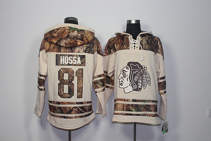 Blackhawks 81 Marian Hossa Old Time Hockey Stone Realtree Lacer Name and Number Hoodie