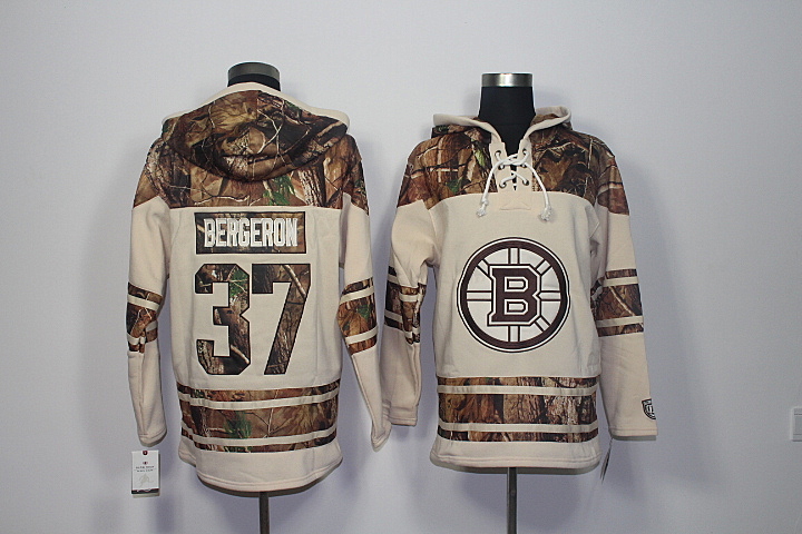 Bruins 37 Patrice Bergeron Old Time Hockey Stone Realtree Lacer Name and Number Hoodie