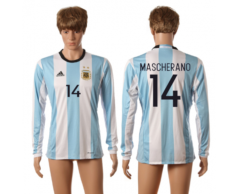 Argentina 14 MASCHERANO Home 2016 Copa America Centenario Long Sleeve Thailand Soccer Jersey