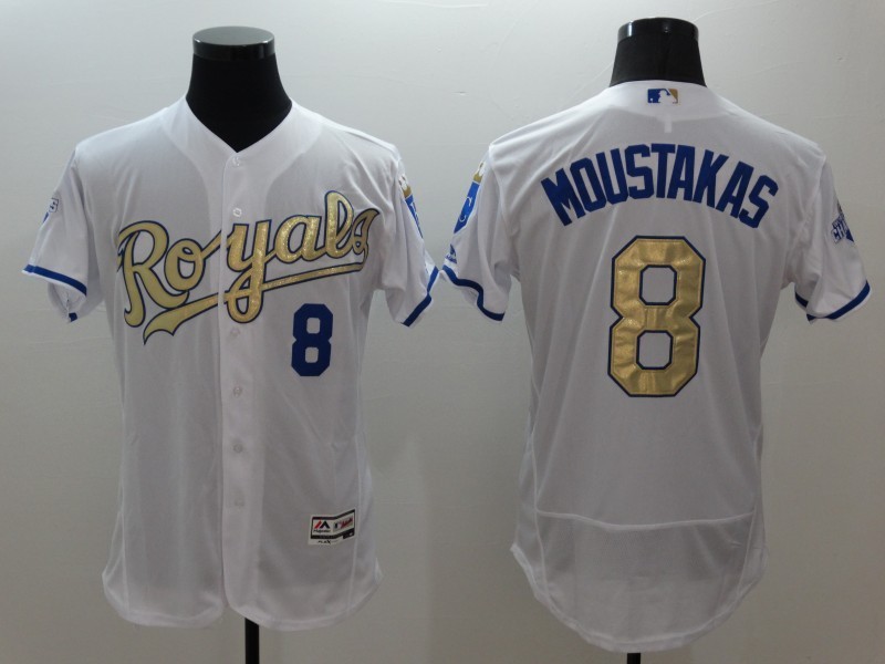 Royals 8 Mike Moustakas White 2015 World Series Champions Flexbase Jersey