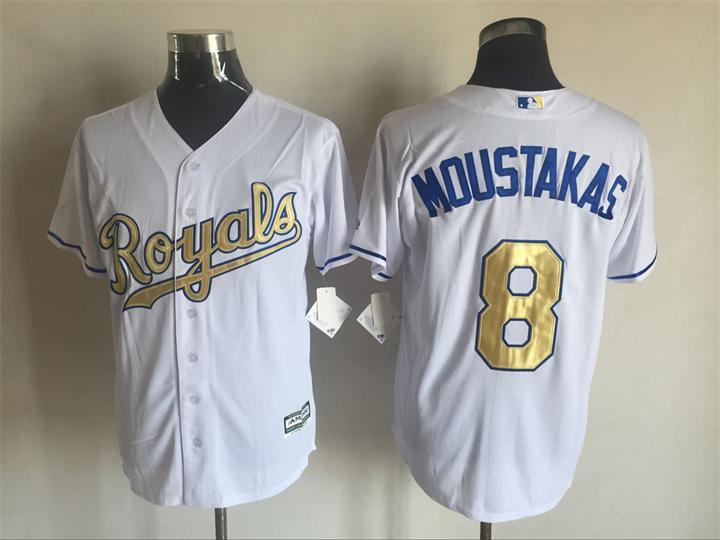 Royals 8 Mike Moustaka White 2015 World Series Champions New Cool Base Jersey