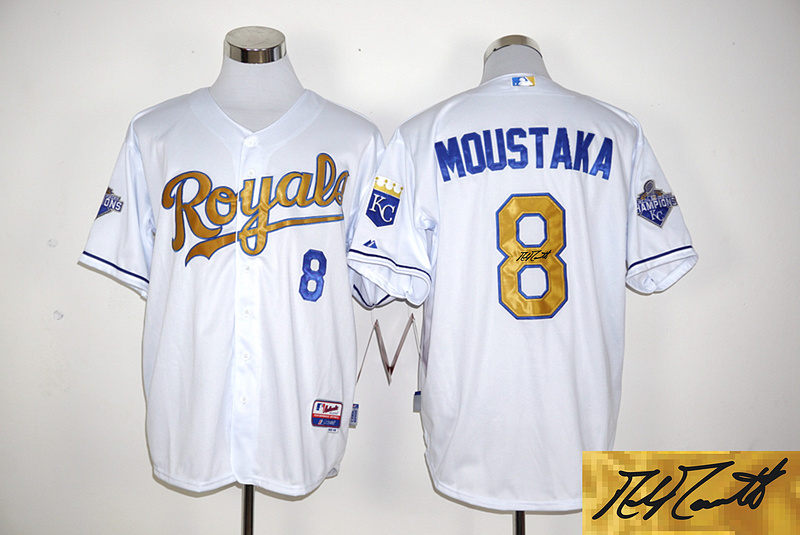 Royals 8 Mike Moustakas White 2015 World Series Champions Signature Edition Cool Base Jersey
