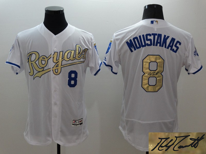Royals 8 Mike Moustakas White 2015 World Series Champions Signature Edition Flexbase Jersey