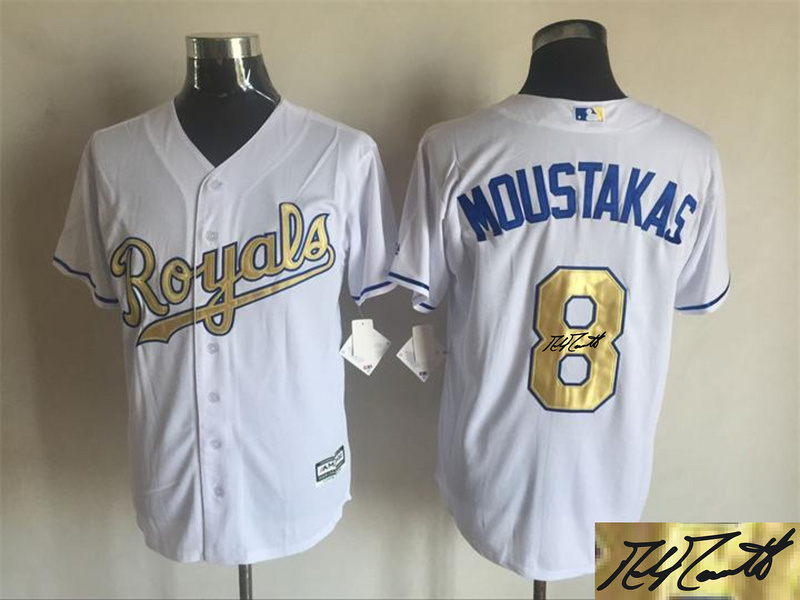 Royals 8 Mike Moustakas White 2015 World Series Champions Signature Edition New Cool Base Jersey