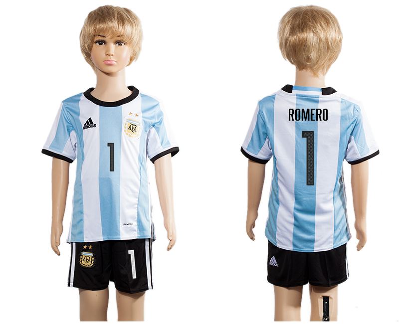 Argentina 1 ROMERO Home Youth 2016 Copa America Centenario Soccer Jersey