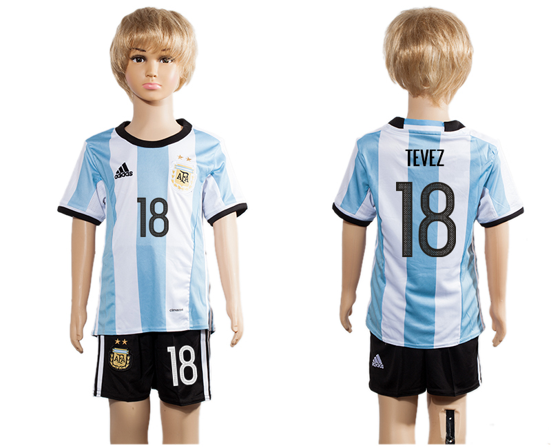 Argentina 18 TEVEZ Home Youth 2016 Copa America Centenario Soccer Jersey