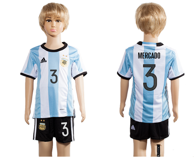 Argentina 3 MERCADO Home Youth 2016 Copa America Centenario Soccer Jersey