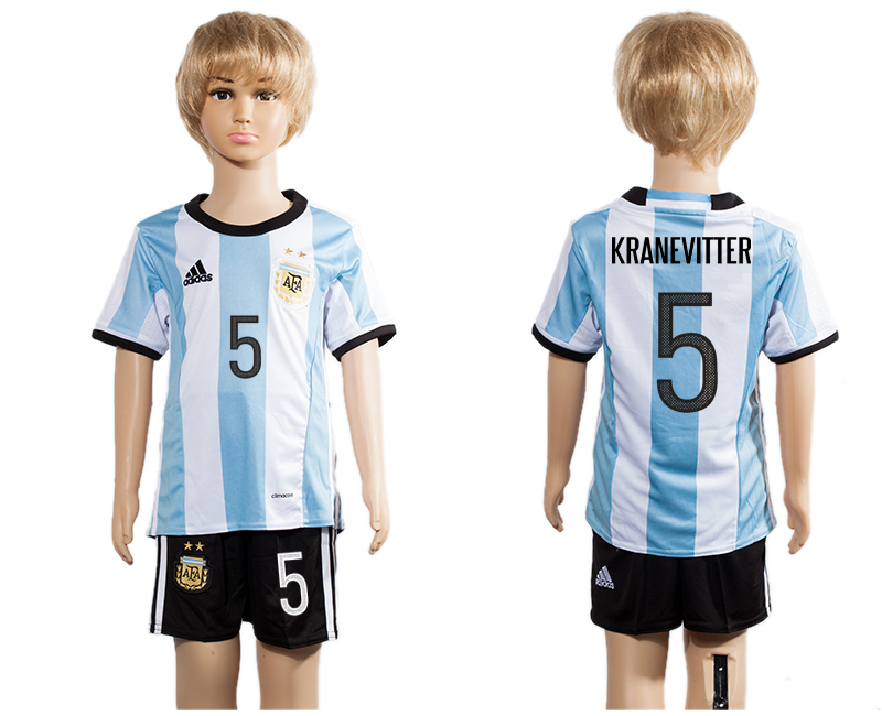 Argentina 5 KRANEVITTER Home Youth 2016 Copa America Centenario Soccer Jersey