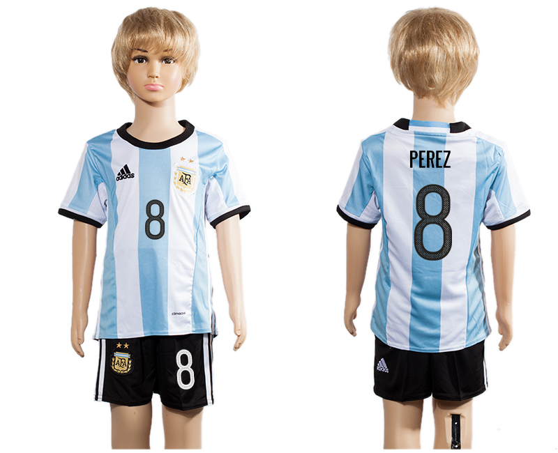 Argentina 8 PEREZ Home Youth 2016 Copa America Centenario Soccer Jersey