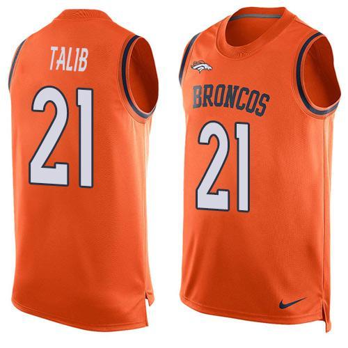 Nike Broncos 21 Aqib Talib Orange Player Name & Number Tank Top