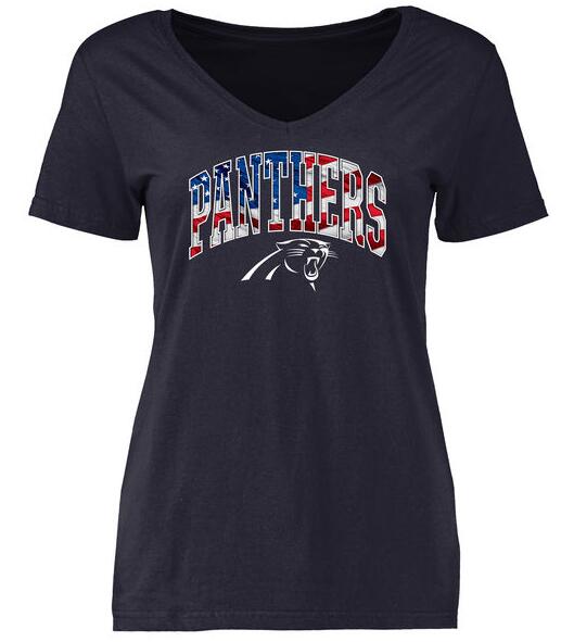 Carolina Panthers Pro Line Navy Banner Wave Slim Fit V-Neck Women's T Shirt - Click Image to Close