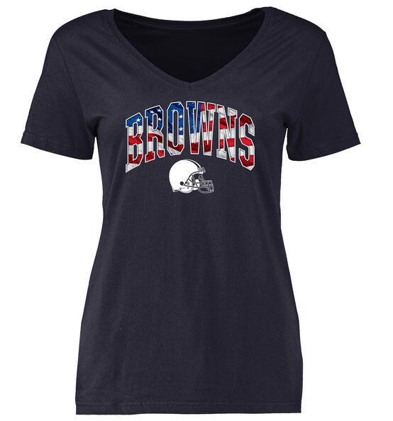 Cleveland Browns Pro Line Navy Banner Wave Slim Fit V-Neck Women's T Shirt - Click Image to Close
