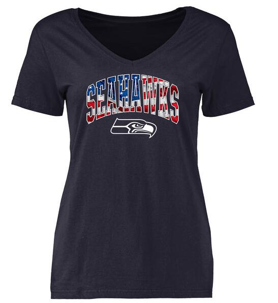 Seattle Seahawks Pro Line Navy Banner Wave Slim Fit V-Neck Women's T Shirt