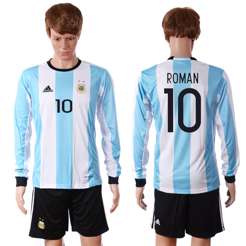 Argentina 10 ROMAN Home 2016 Copa America Centenario Long Sleeve Soccer Jersey