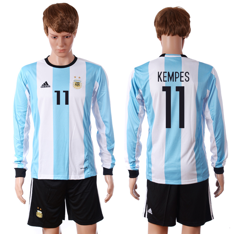 Argentina 11 KEMPES Home 2016 Copa America Centenario Long Sleeve Soccer Jersey