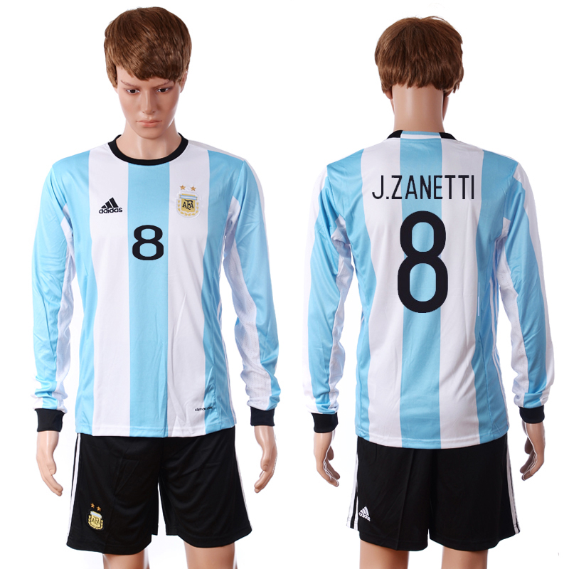 Argentina 8 J.ZANETTI Home 2016 Copa America Centenario Long Sleeve Soccer Jersey