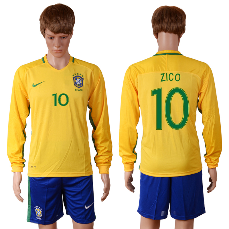 Brazil 10 ZICO Home 2016 Copa America Centenario Long Sleeve Soccer Jersey