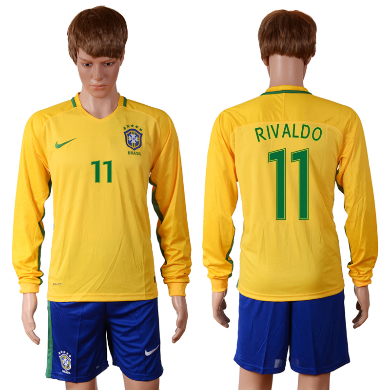 Brazil 11 RIVALDO Home 2016 Copa America Centenario Long Sleeve Soccer Jersey