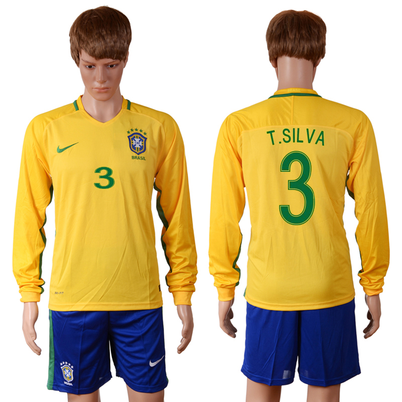 Brazil 3 T.SILVA Home 2016 Copa America Centenario Long Sleeve Soccer Jersey