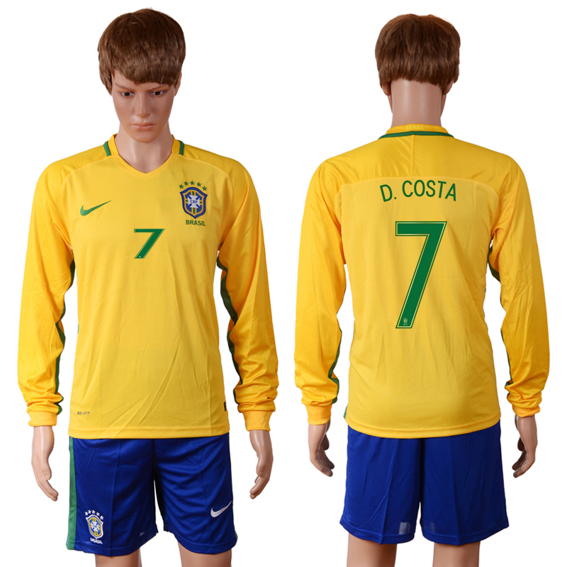 Brazil 7 D.COSTA Home 2016 Copa America Centenario Long Sleeve Soccer Jersey