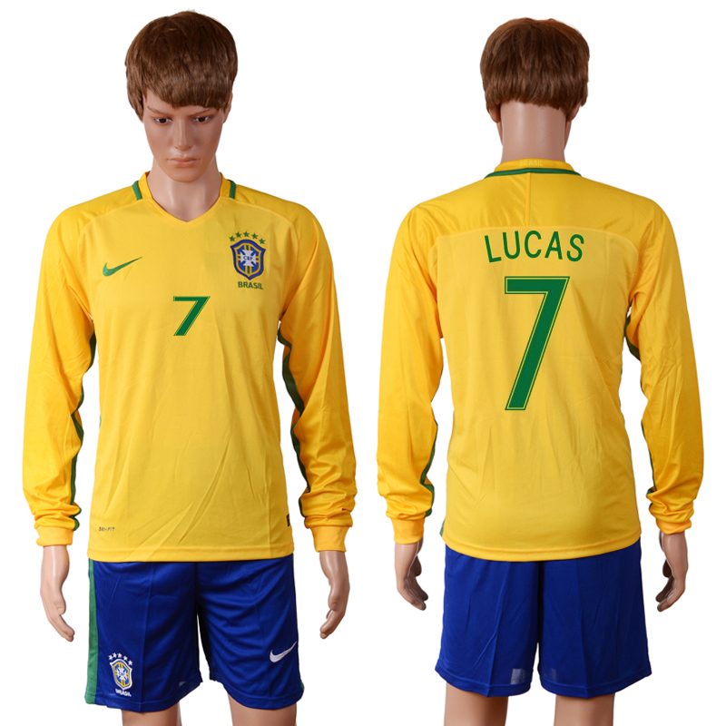 Brazil 7 LUCAS Home 2016 Copa America Centenario Long Sleeve Soccer Jersey
