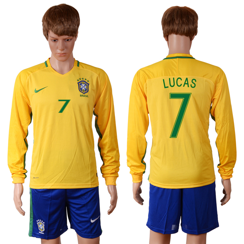 Brazil 7 LUCAS Home 2016 Copa America Centenario Long Sleeve Soccer Jersey Brazil 7 LUCAS Home 2016 Copa America Centenario Long Sleeve Soccer Jersey