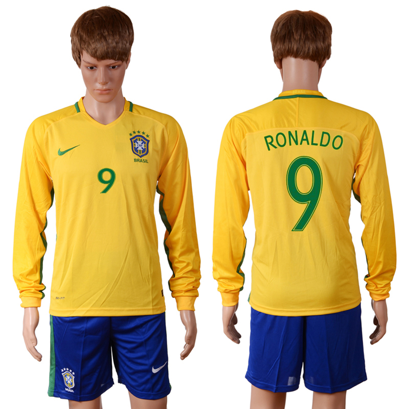 Brazil 9 RONALDO Home 2016 Copa America Centenario Long Sleeve Soccer Jersey