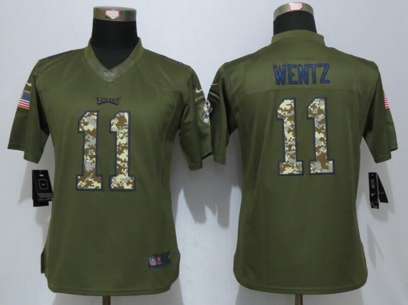 Nike Eagles 11 Carson Wentz Green Salute To Service Women Limited Jersey - Click Image to Close